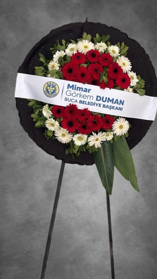 CENAZE-MERASİM CANLI KIRMIZI BEYAZ GERBERA  ÇELENK - Görsel 1