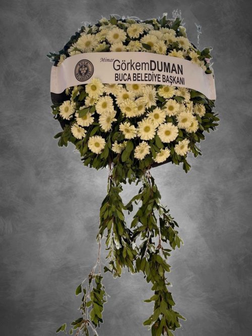 DELUXE CENAZE-MERASİM CANLI BEYAZ GERBERA  ÇELENK - Görsel 1