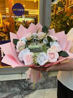 Trend Yapay Pembe Beyaz Gül Ledli Ayna Buketi