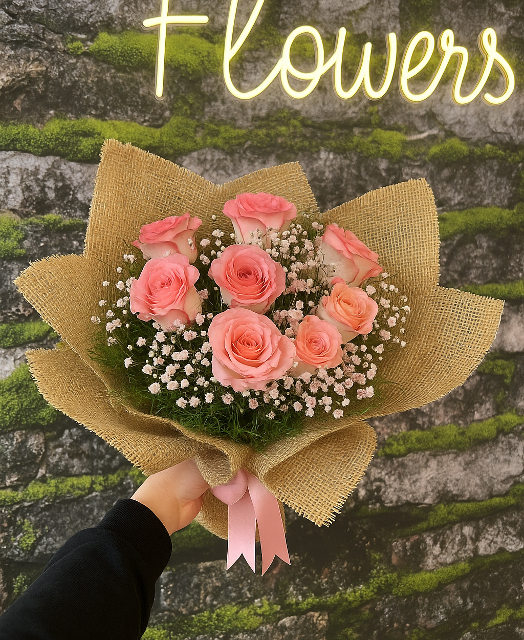 💐 8 Pembe Güllü Doğal Jüt Buket 🌸💖