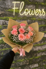 💐 8 Pembe Güllü Doğal Jüt Buket 🌸💖