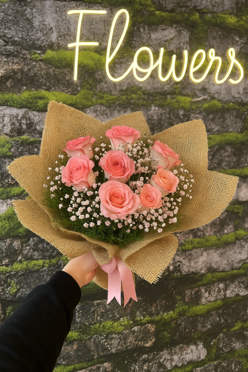 💐 8 Pembe Güllü Doğal Jüt Buket 🌸💖 - Görsel 1