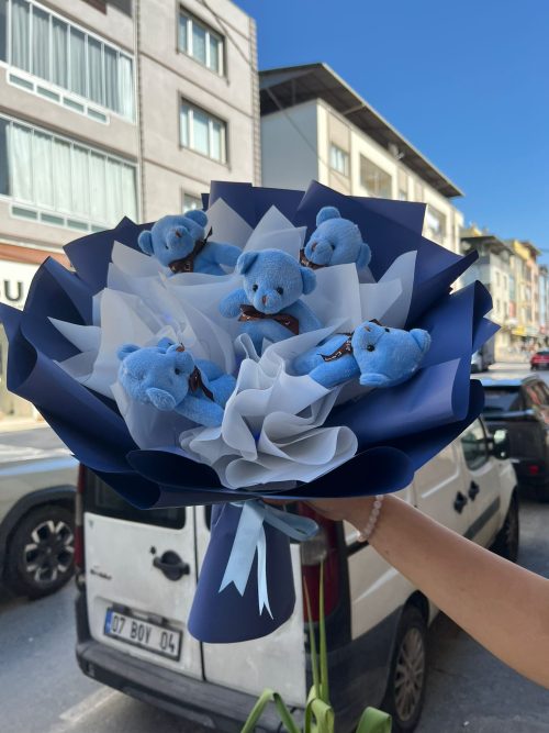 Orta Boy Ledli Mavi Peluş Ayıcık Buketi - Görsel 1