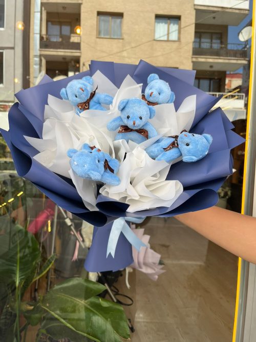 Orta Boy Ledli Mavi Peluş Ayıcık Buketi - Görsel 3
