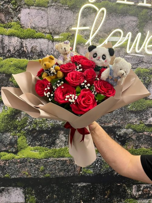 🌹 11’li Kırmızı Gül &  Peluş Ayıcık Buketi 🌹🧸 - Görsel 1