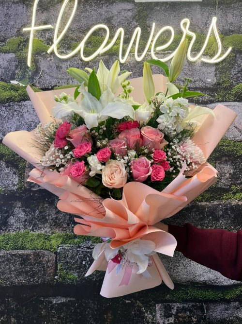 PinkLove Buket Lilyum İthal Pembe Gül Buketi - Görsel 2