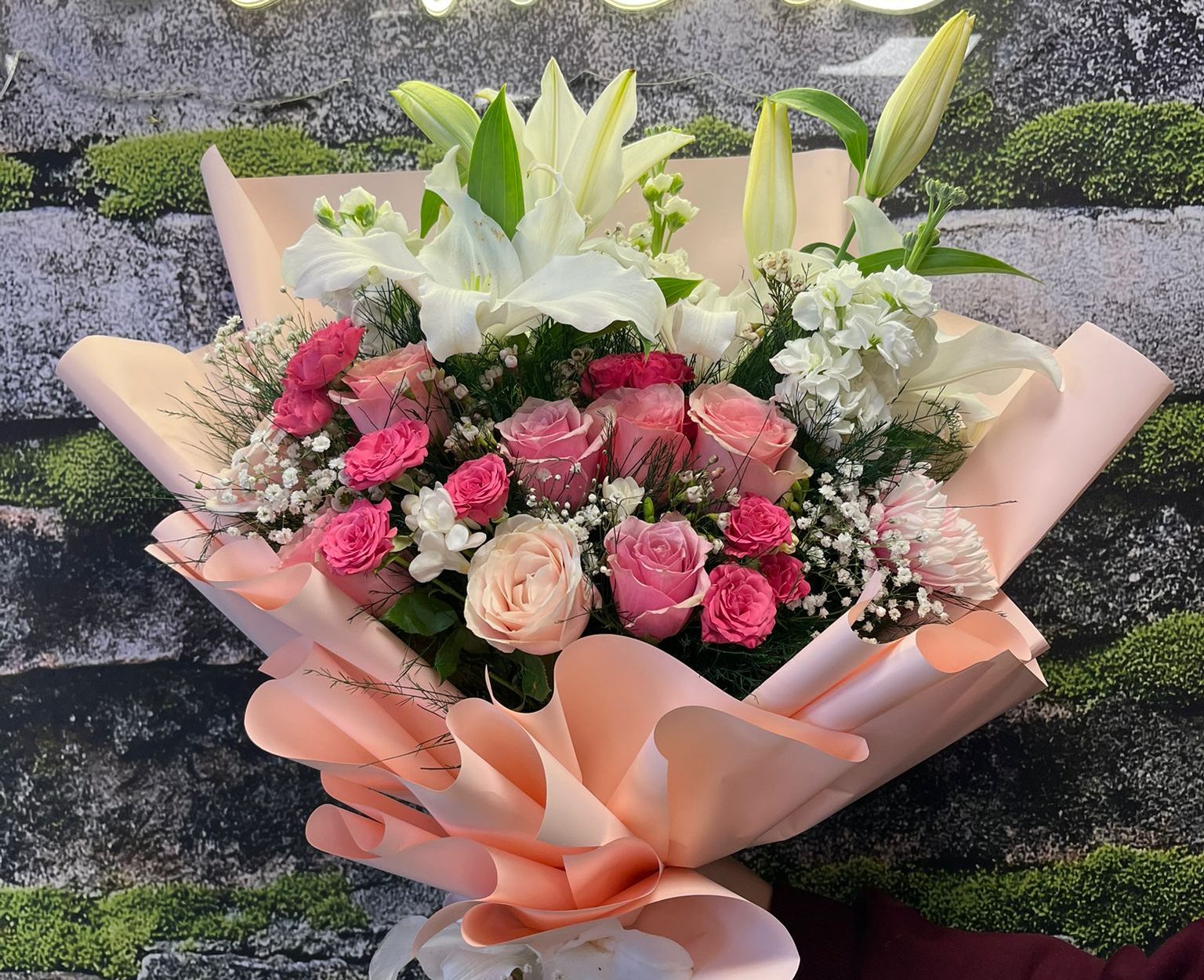 PinkLove Buket Lilyum İthal Pembe Gül Buketi