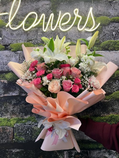 PinkLove Buket Lilyum İthal Pembe Gül Buketi - Görsel 3