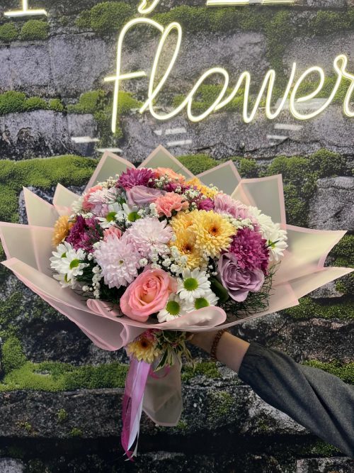 SoftLove Mix İthal Gül Papatya Krizantem Buketi - Görsel 1