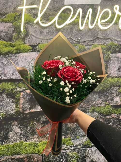 🌹 Mini 3’lü Kırmızı Gül ve Cipso Buketi 🖤✨ - Görsel 1