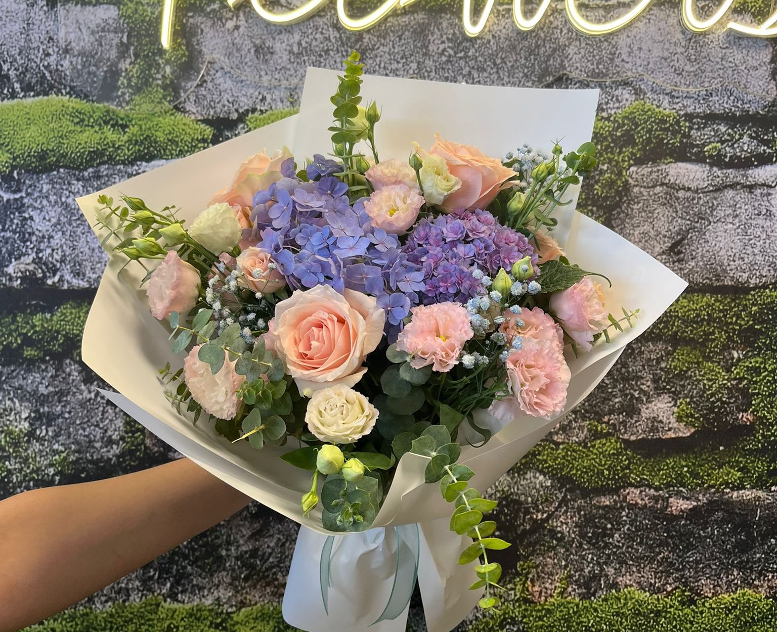 Mavi Ortanca&Pembe Gül Buketi