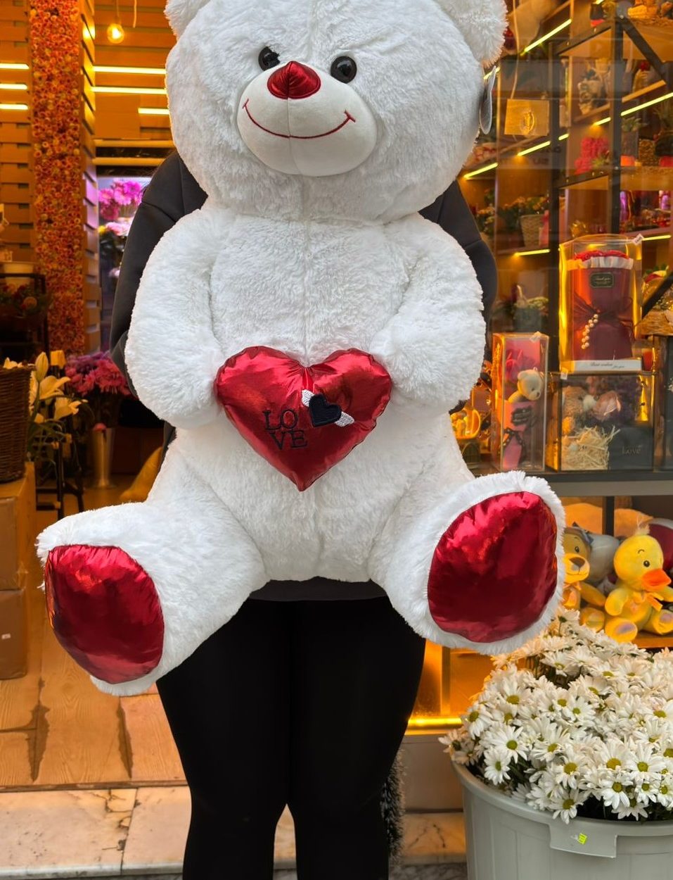 🧸❤️ 70 cm Büyük Boy Beyaz Peluş Ayıcık – Kırmızı Kalpli