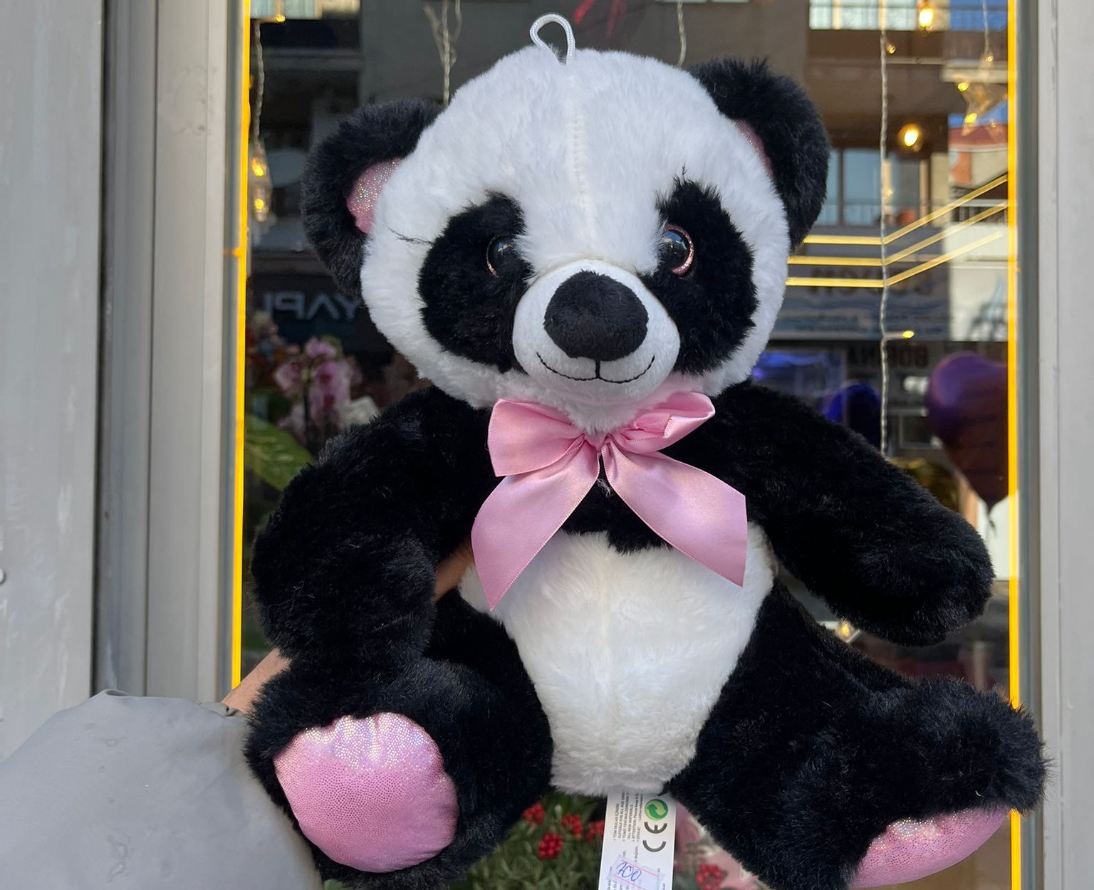 🐼🎀 35 CM Peluş Sevimli Panda | Pembe Fiyonklu Yumuşak Oyuncak