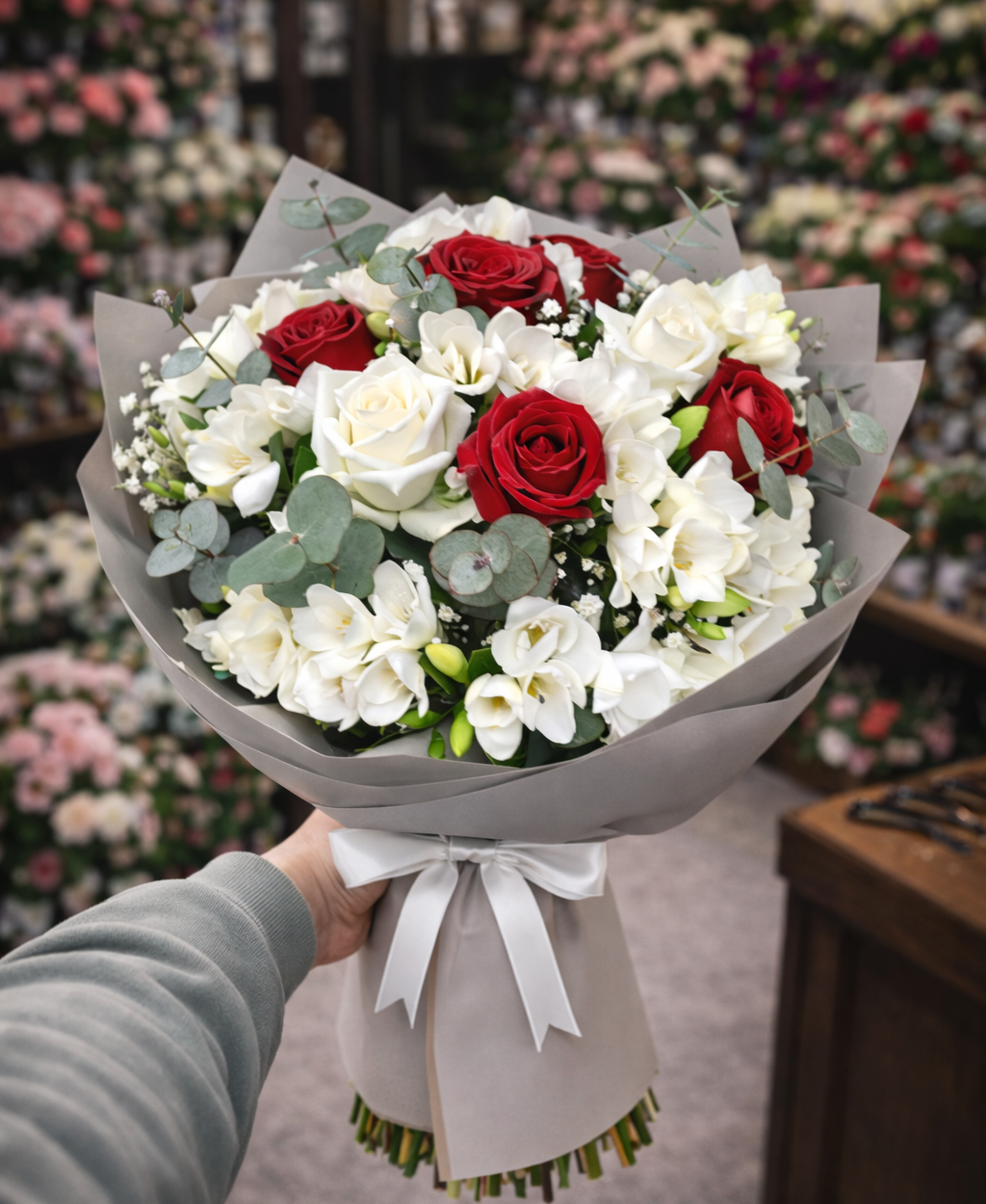 ❤️🤍 Kırmızı & Beyaz Gül Frezya Buketi