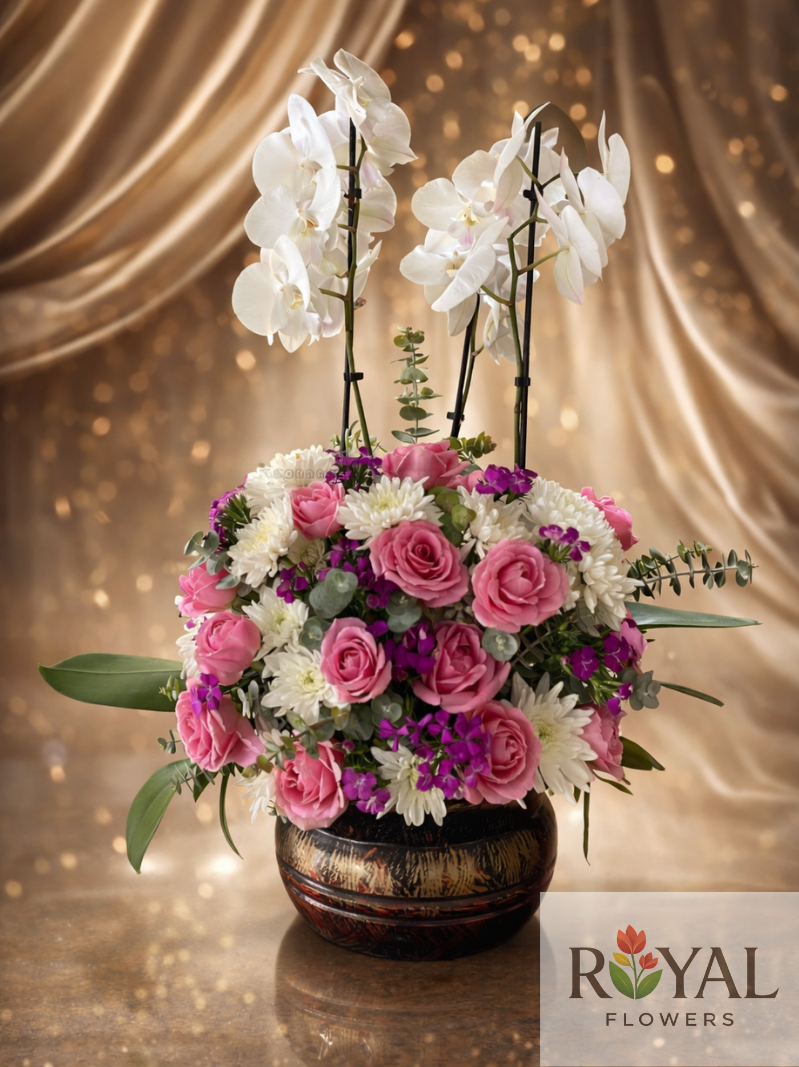 3423432432 4 Dal Beyaz Orkide & Pembe Gül Aranjmanı | Lüks Premium Tasarım 💖🤍 - Görsel 1