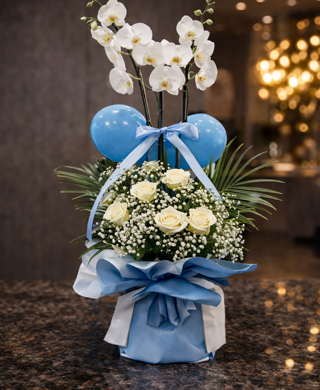 Çift Dal Orkide, Beyaz Gül & Cipso Aranjmanı | Şık Premium Tasarım 🤍🌿