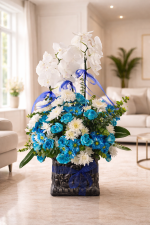 4 Dal Beyaz Orkide & Mavi Gül Aranjmanı | Premium Tasarım 💙🤍