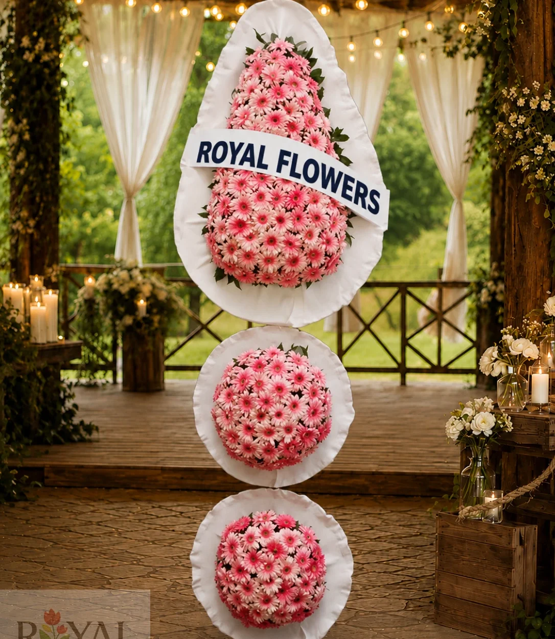 3 Katlı Pembe Gerbera Düğün ve Açılış Çelengi