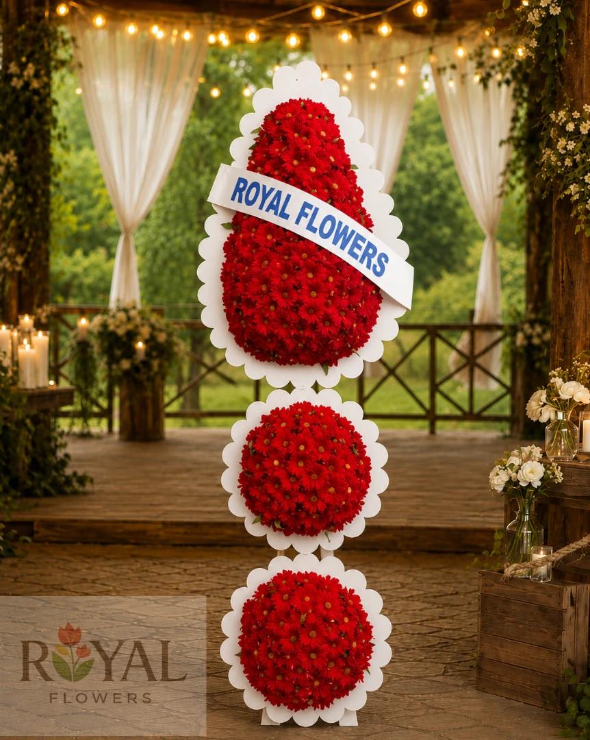 İki Katlı Kırmızı Gerbera Beyaz Lilyum Çelengi Royal Flowers 3 Katlı Premium Kırmızı Gerbera Çelenk