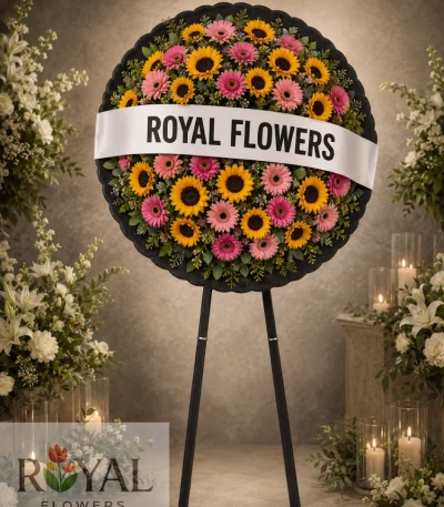 Canlı ayçiçeği ve pembe gerbera çiçekleriyle hazırlanan cenaze çelenk