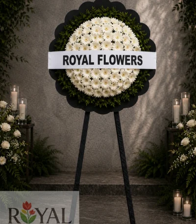 Canlı beyaz gerbera çiçekleriyle hazırlanmış cenaze çelenk