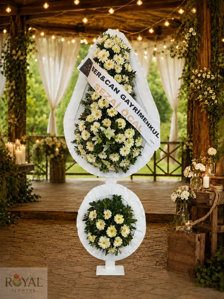 Çift Katlı Beyaz Lilyum Gerbera Düğün ve Açılış Çelenk