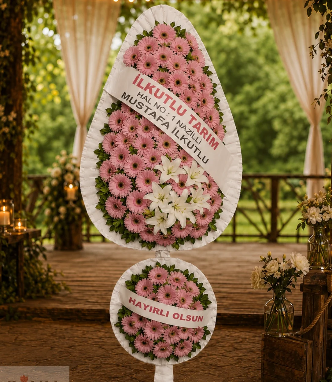 Çift Katlı Pembe Gerbera Beyaz Lilyum Düğün ve Açılış Çelenk