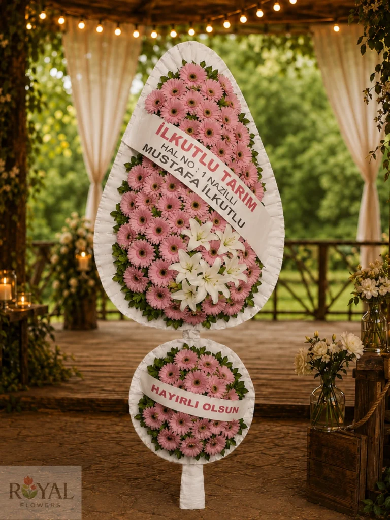 Çift Katlı Pembe Gerbera Beyaz Lilyum Düğün ve Açılış Çelenk