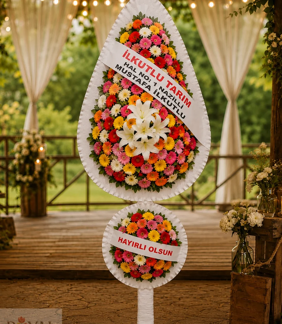 Çift Katlı Rengarenk Gerbera ve Lilyum Düğün ve Açılış Çelenk