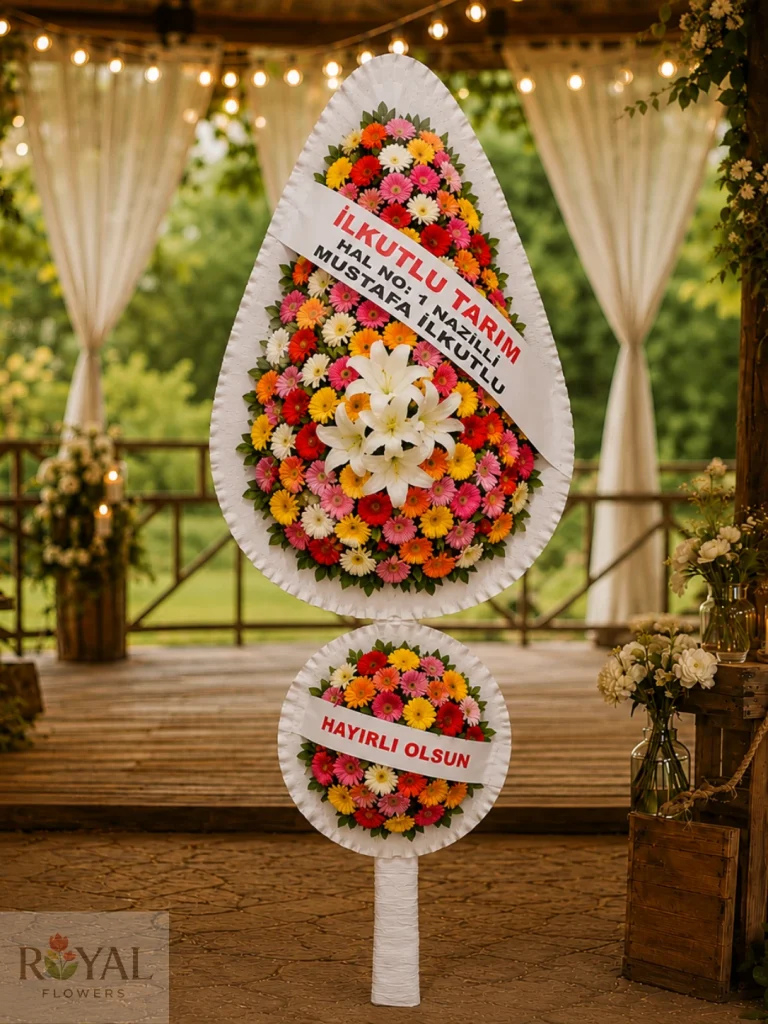 Çift Katlı Rengarenk Gerbera ve Lilyum Düğün ve Açılış Çelenk
