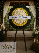 Canlı sarı ve beyaz gerbera çiçekleriyle hazırlanmış cenaze çelenk