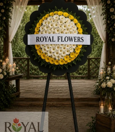Canlı sarı ve beyaz gerbera çiçekleriyle hazırlanmış cenaze çelenk