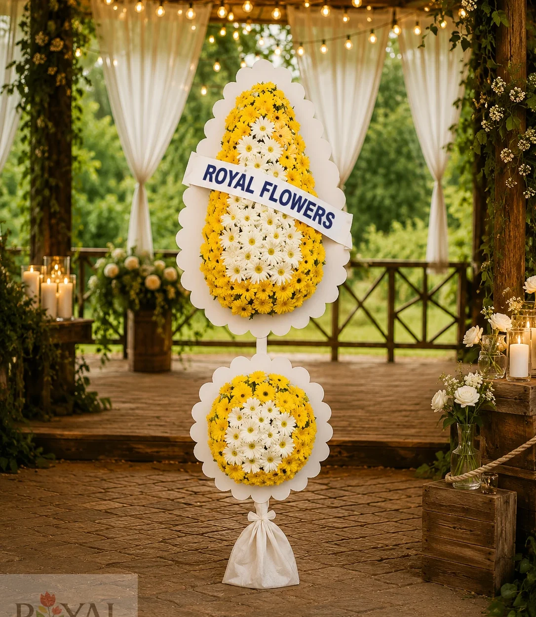 İki katlı sarı beyaz gerbera çelenk