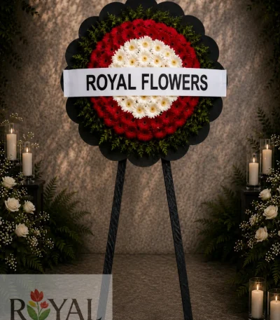 Kırmızı ve beyaz gerbera çiçekleriyle hazırlanan cenaze çelenk