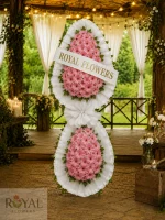 Canlı pembe gerbera çiçekleriyle hazırlanan iki katlı duble düğün ve açılış çelenk