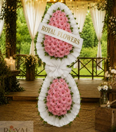 Canlı pembe gerbera çiçekleriyle hazırlanan iki katlı duble düğün ve açılış çelenk