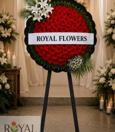 Canlı kırmızı gerbera ve beyaz lilyumlarla hazırlanan Premium cenaze çelenk