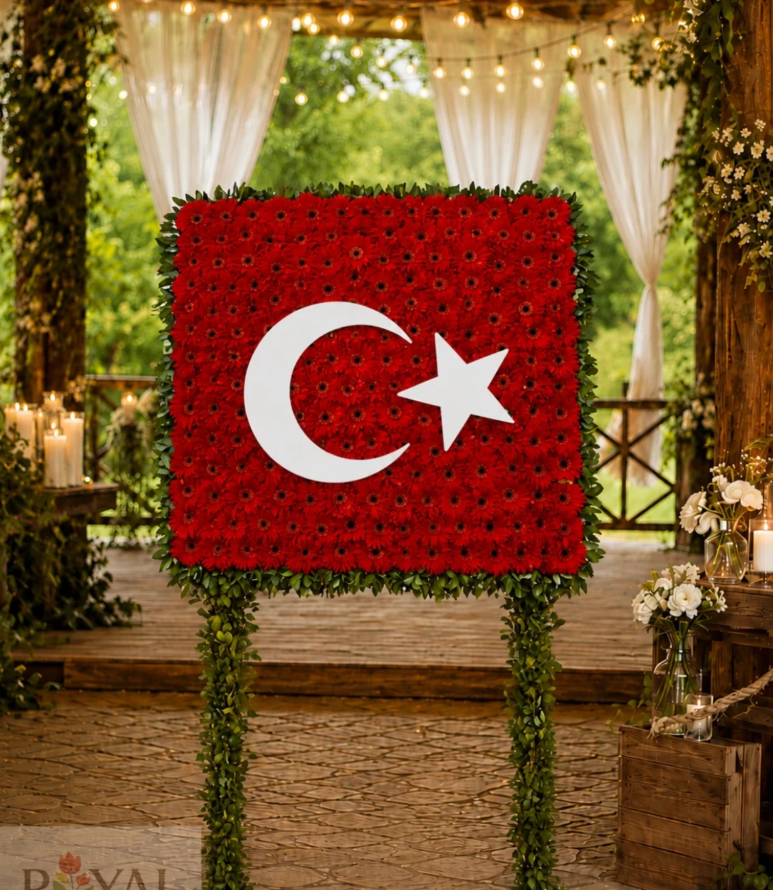 Türk Bayraklı Kırmızı Gerbera Pano Çelenk