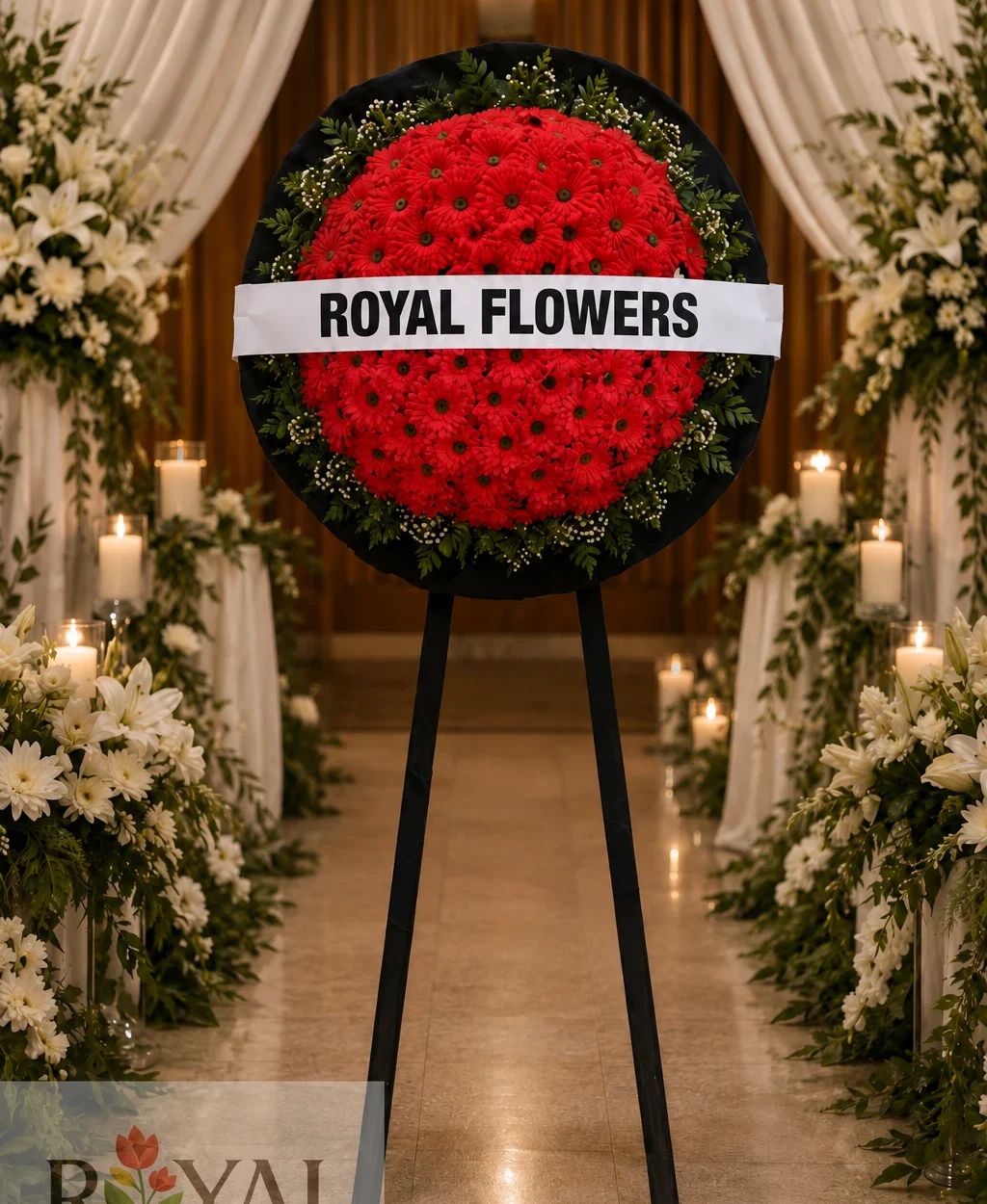 Yapay kırmızı gerbera çiçekleriyle hazırlanmış cenaze çelenk