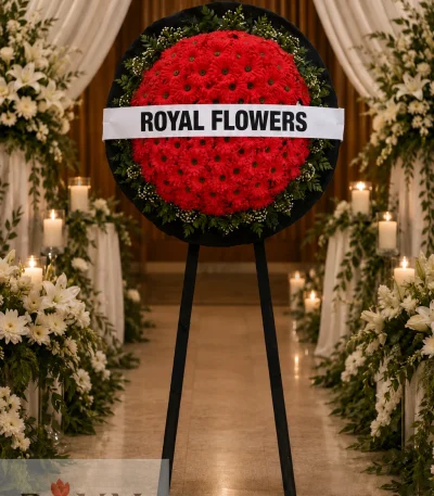 Yapay kırmızı gerbera çiçekleriyle hazırlanmış cenaze çelenk