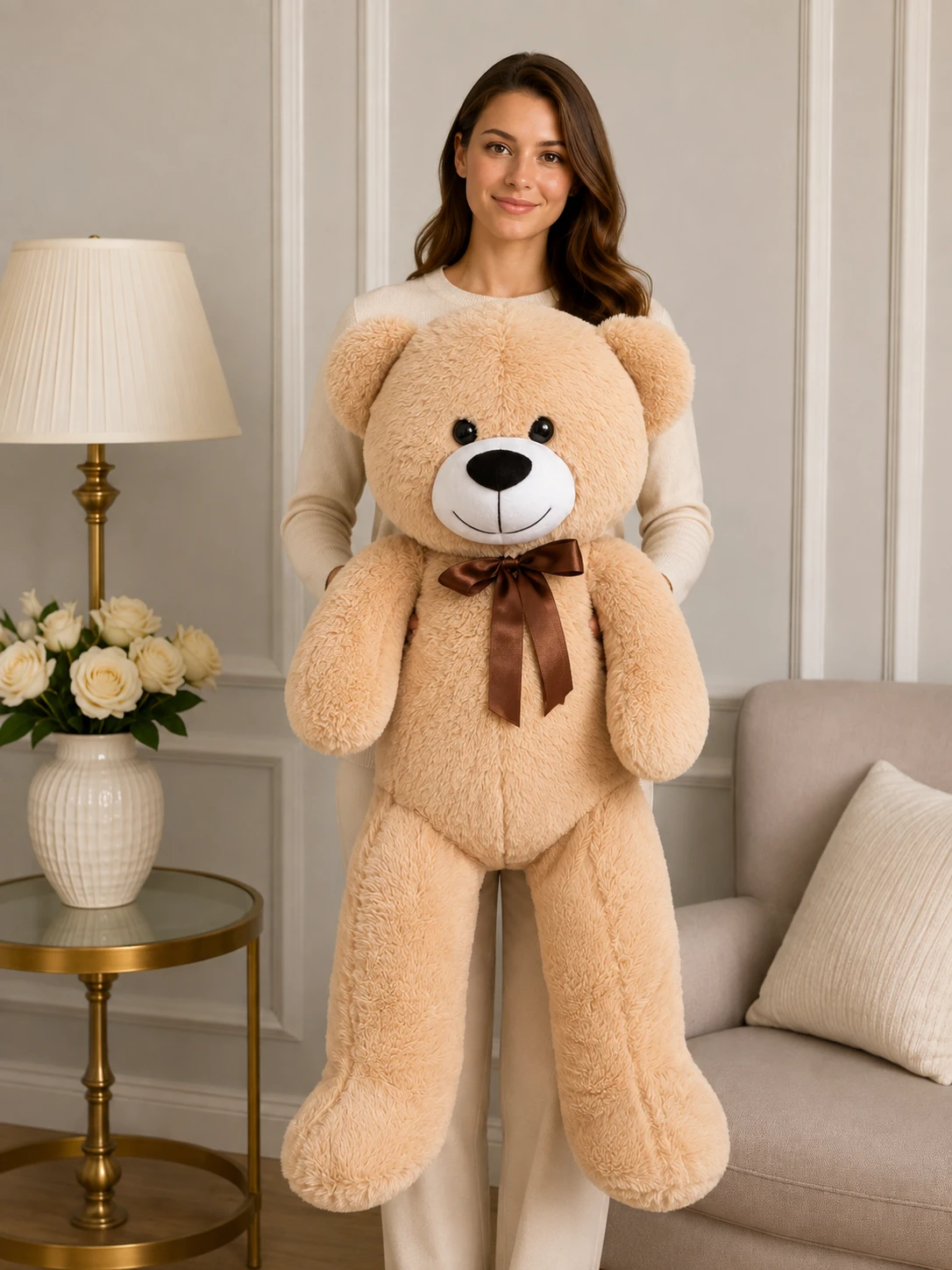 100 cm Büyük Boy Bej Peluş Ayıcık 100 cm 1 metre büyük boy bej peluş ayıcık kahverengi fiyonklu Royal Flowers İzmir