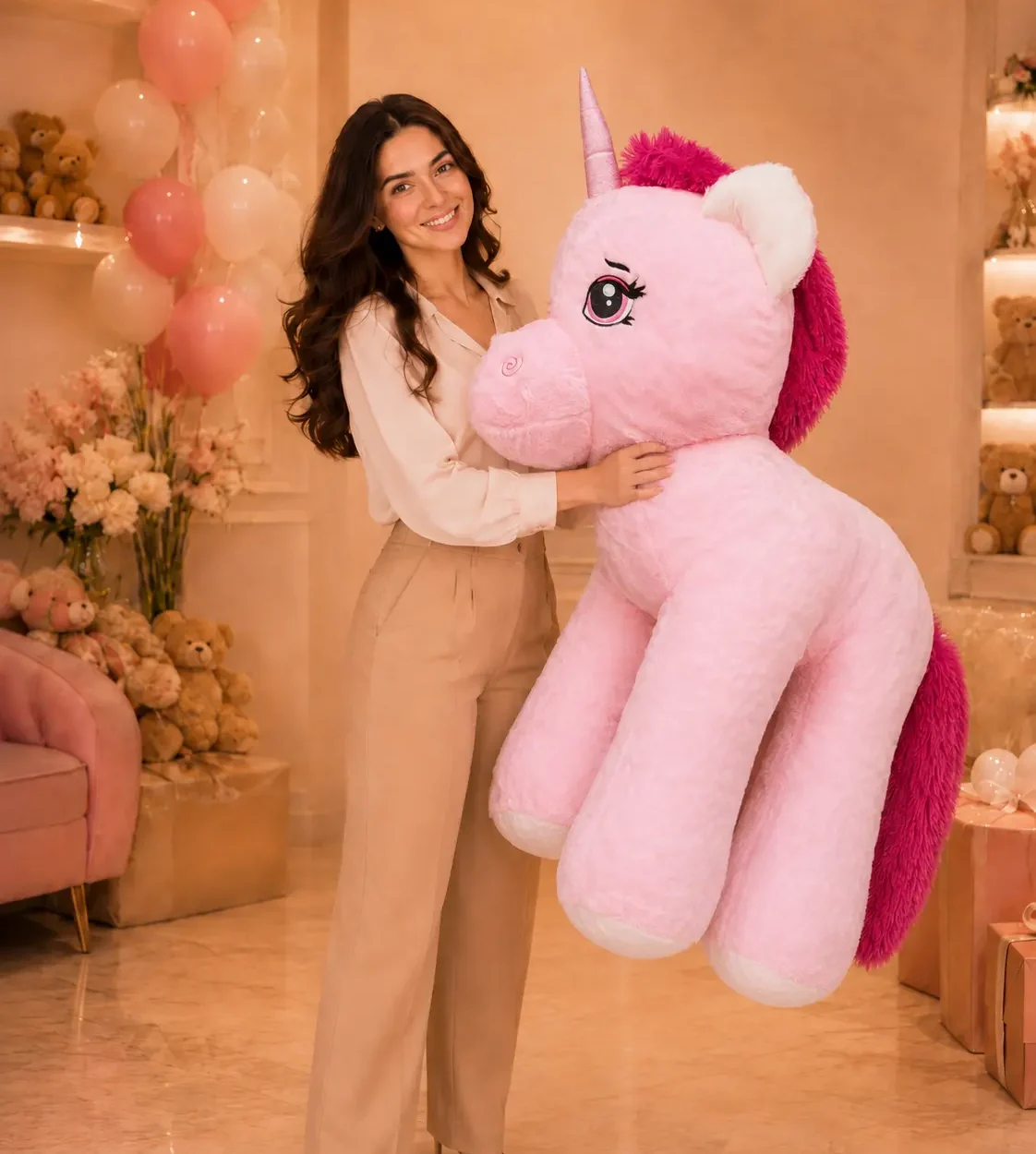 100 cm pembe unicorn peluş oyuncak Royal Flowers İzmir
