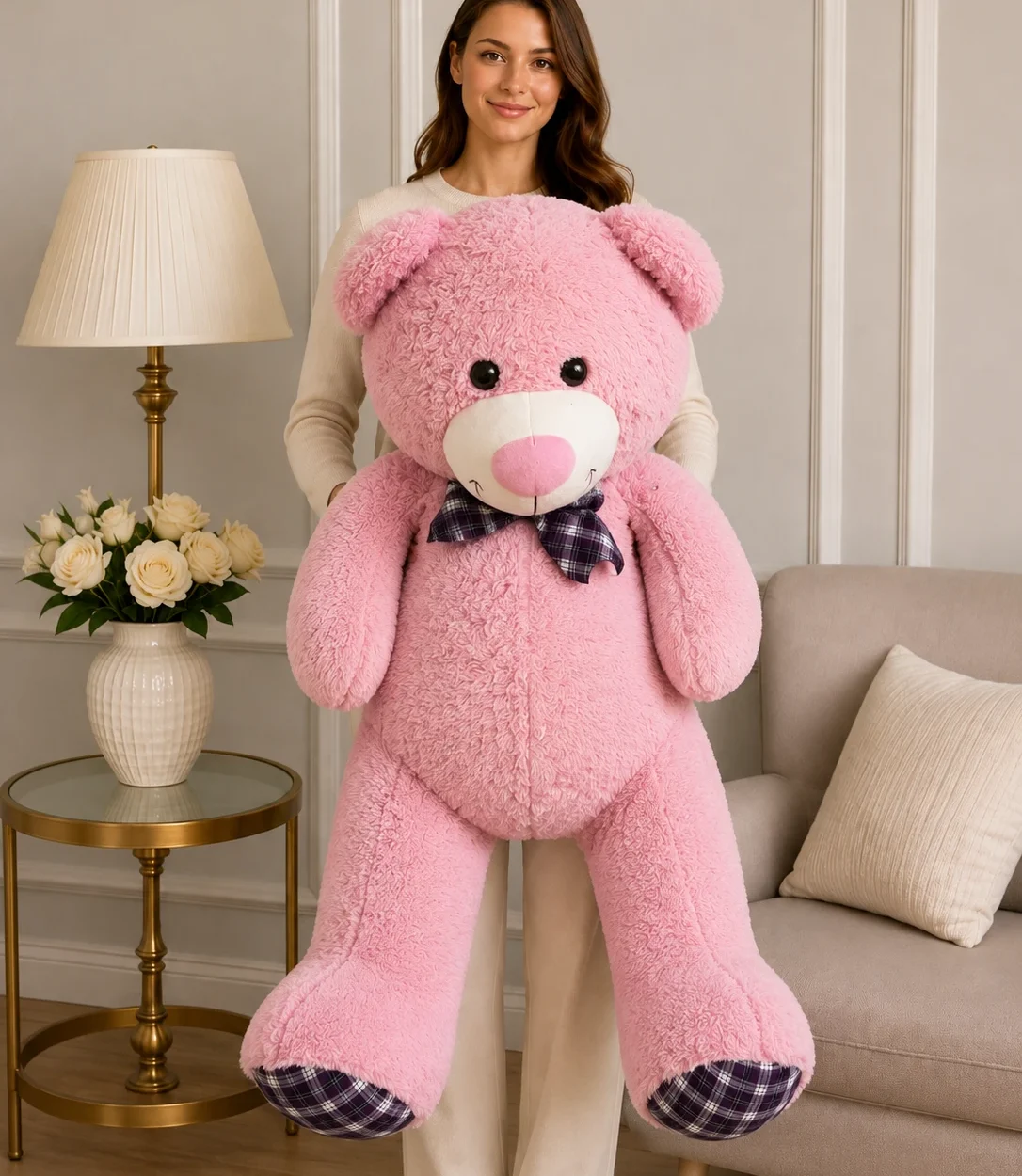 120 cm büyük boy pembe ekose fiyonklu peluş ayıcık Royal Flowers İzmir