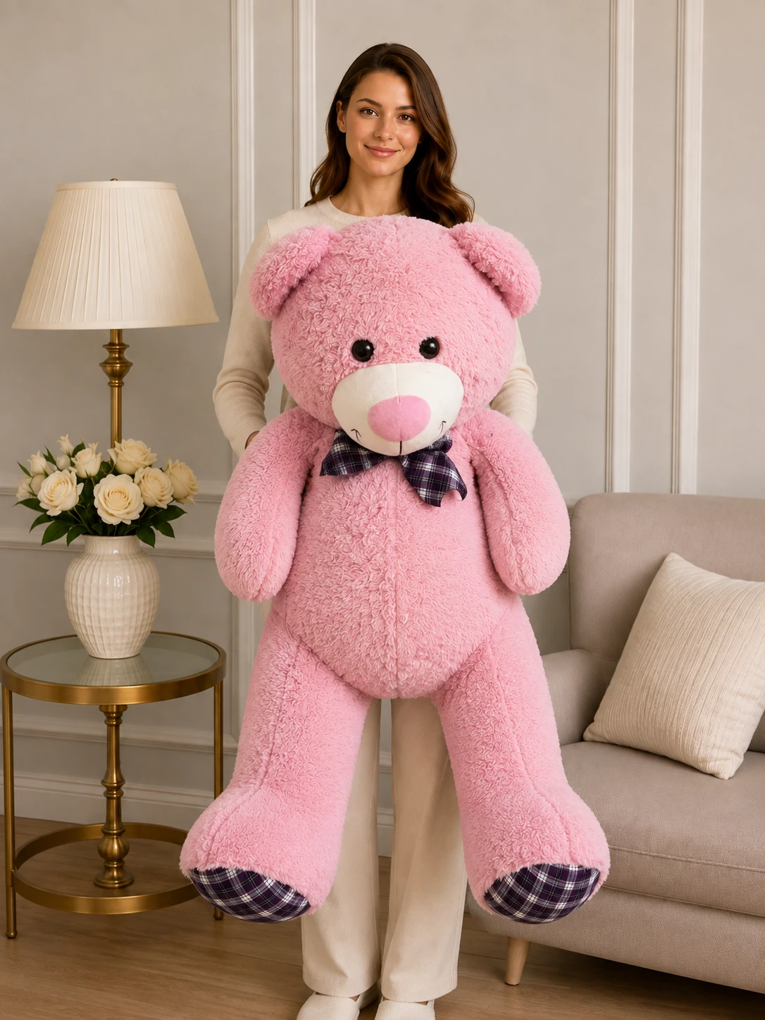120 cm Büyük Boy Pembe Peluş Ayıcık 120 cm büyük boy pembe ekose fiyonklu peluş ayıcık Royal Flowers İzmir