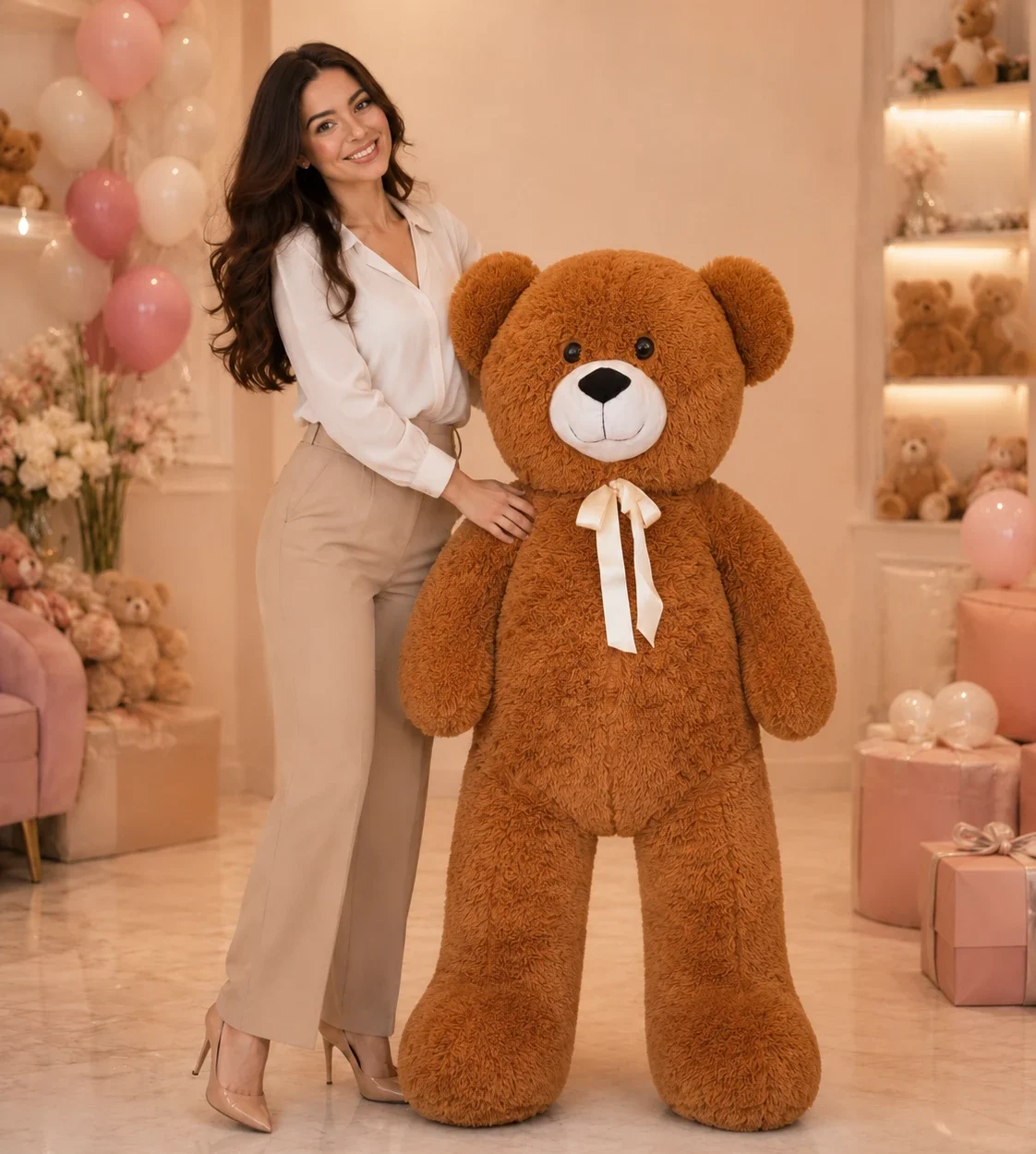 150 cm 1.5 metre kahverengi beyaz fiyonklu peluş ayıcık Royal Flowers İzmir
