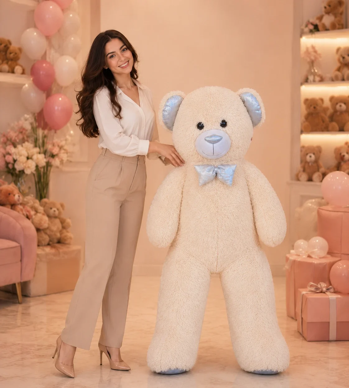 150 cm 1.5 metre krem mavi detaylı büyük peluş ayıcık Royal Flowers İzmir