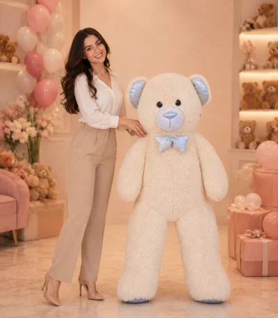 150 cm 1.5 metre krem mavi detaylı büyük peluş ayıcık Royal Flowers İzmir