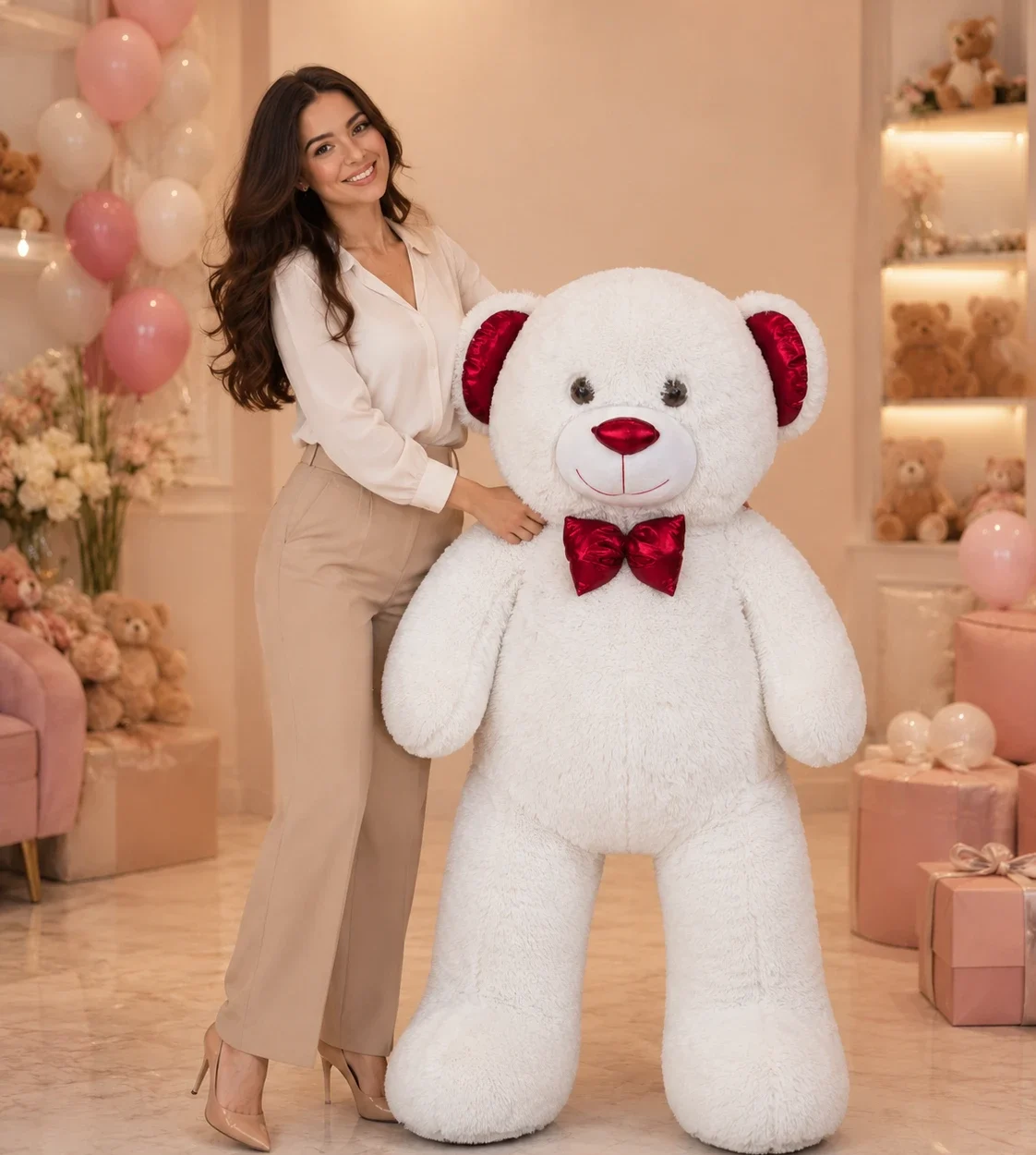 150 cm büyük boy beyaz peluş ayıcık kırmızı fiyonklu Royal Flowers İzmir