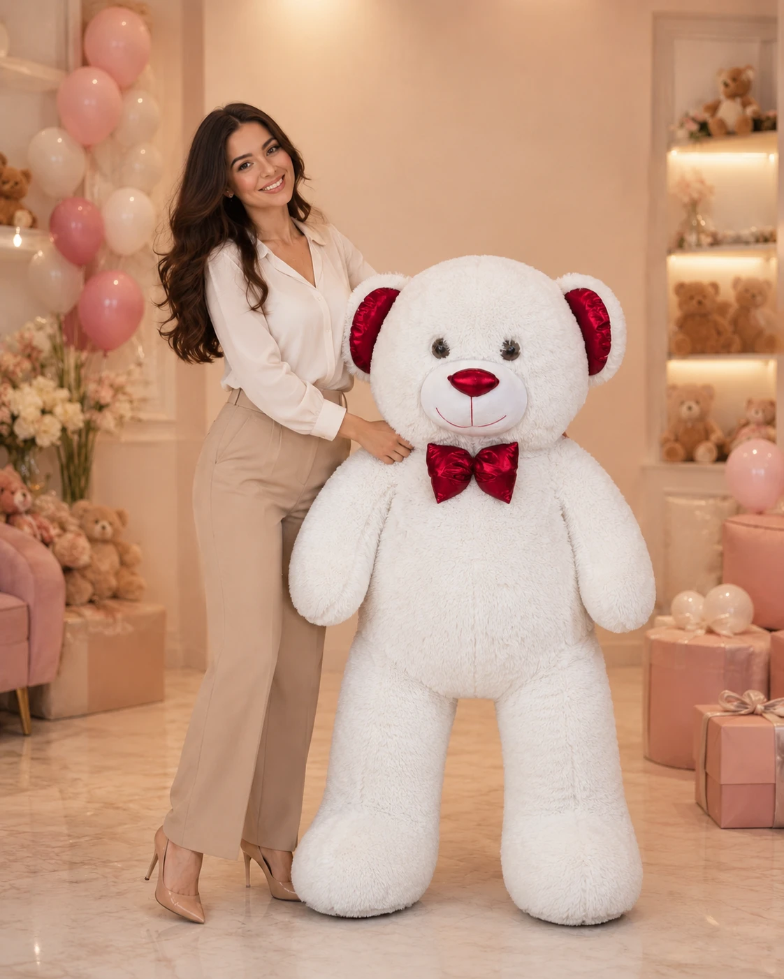 150 cm Büyük Boy Beyaz Peluş Ayıcık 150 cm büyük boy beyaz peluş ayıcık kırmızı fiyonklu Royal Flowers İzmir