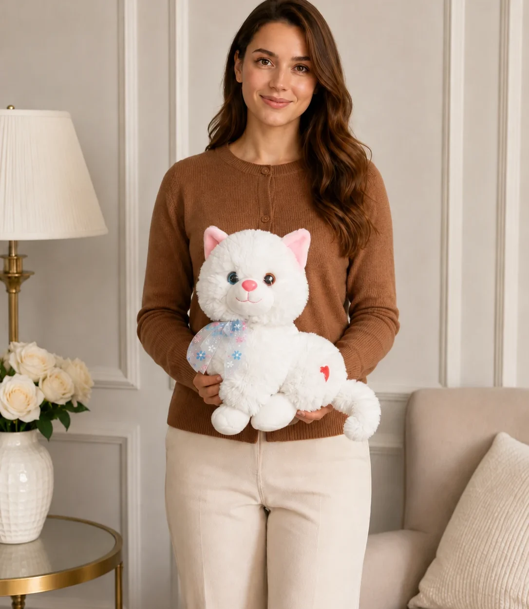 35 cm miyavlayan sesli beyaz peluş oyuncak kedi Royal Flowers İzmir